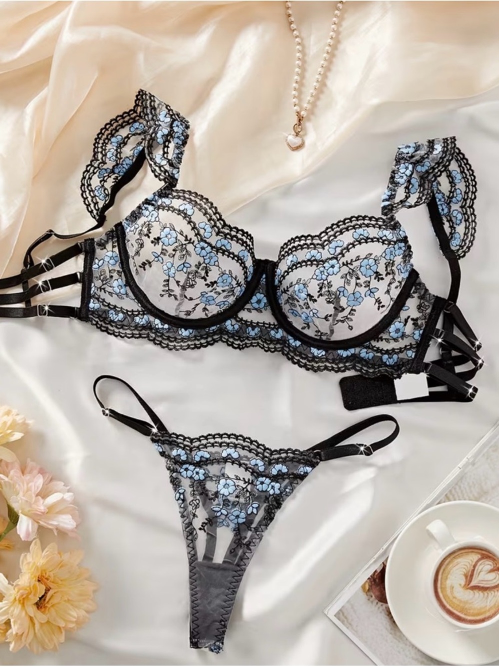 NWT Delicate Floral Lace Bra & Thong Set - Black with Light Blue Embroidery 💛